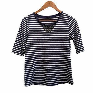 J. Crew Women's Blue White Striped Jeweled Collar 1/2 Sleeve Painters Tee Small